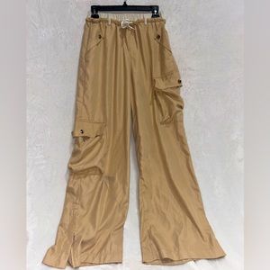 khaki double waisted flap pocket side parachute cargo pants